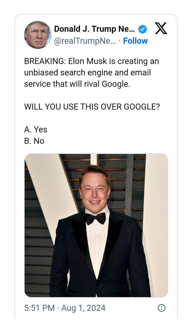 Annuncio di Trump del nuovo motore di ricerca di Musk