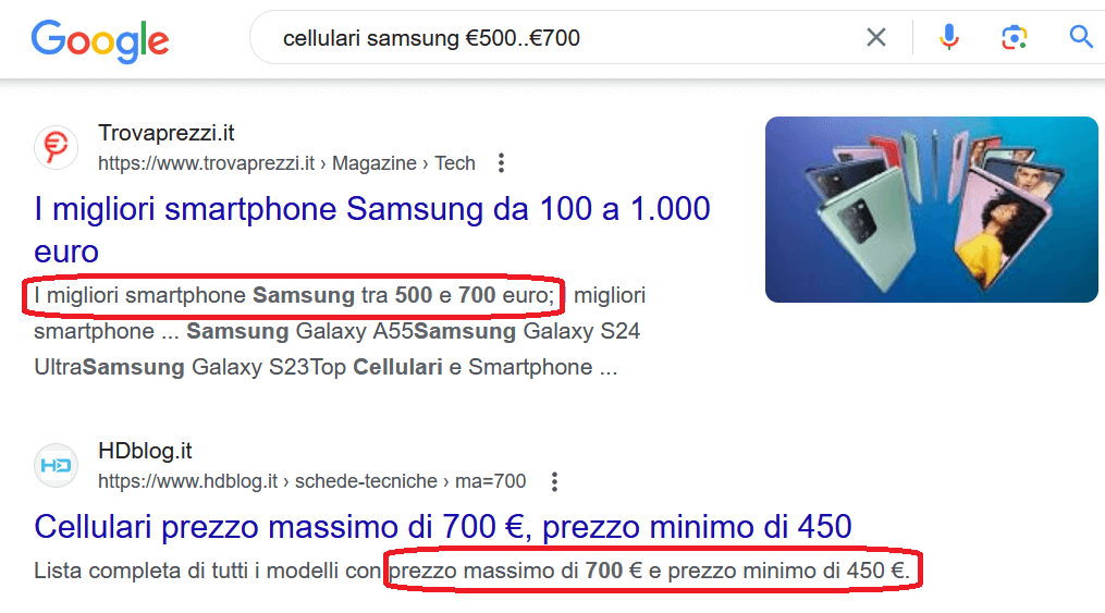 Esmpio di SERP per rierca dei cellulari samsung nella fascia di prezzo tra 500 e 700 euro risultati naturali